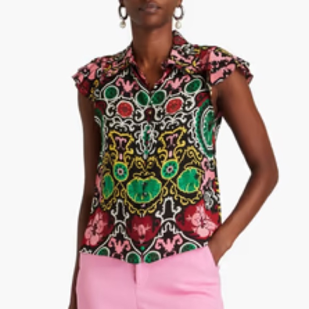 NWT | Alice + Olivia Martel Mixed Print Flutter Sleeve Silk Top